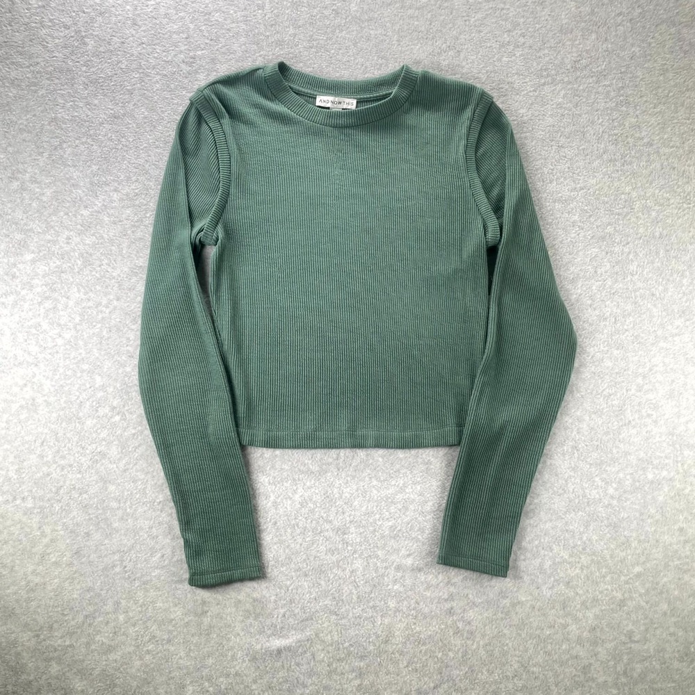 And Now This Cropped Top Womens Medium Olive Green Stretch Ribbed Knit Crew Neck